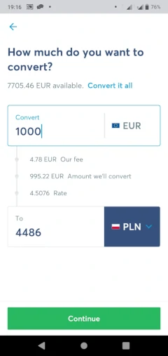 Transferring 1000 EUR to 4486 PLN with transparent conversion fee